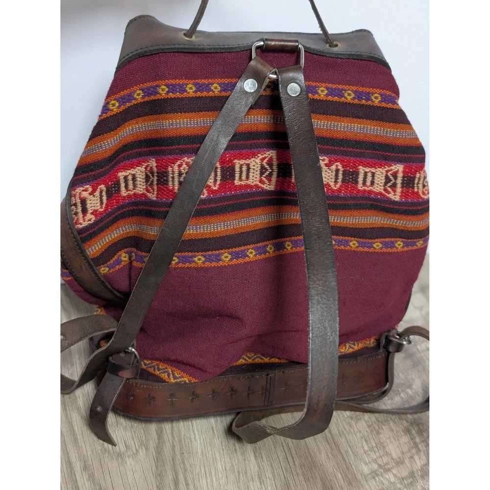 Handcrafted Tooled Leather‎ Bohemian Backpack Aztec Burgundy Brown
